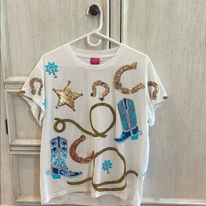 Queen of Sparkles White T-Shirt with Sequin Cowboy Design